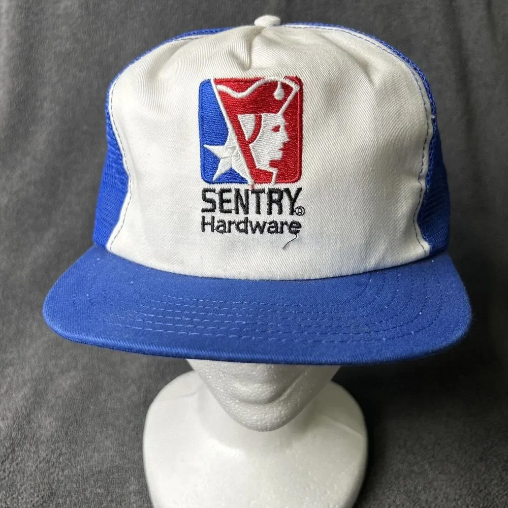 Vintage SnapBack Trucker Hat Sentry Hardware Cap Blue Made In USA - Picture 1 of 10